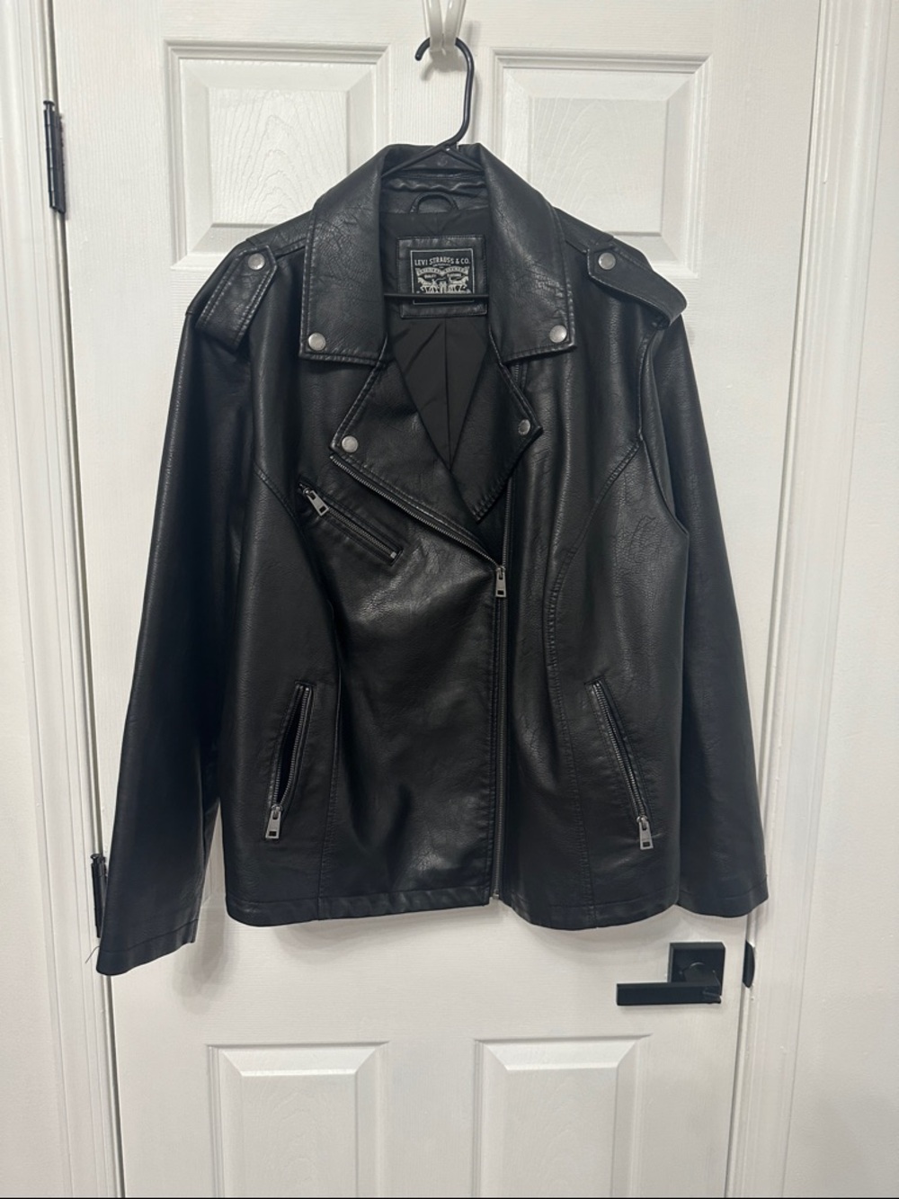 Levi’s Black Leather Moto Jacket with Zip Details